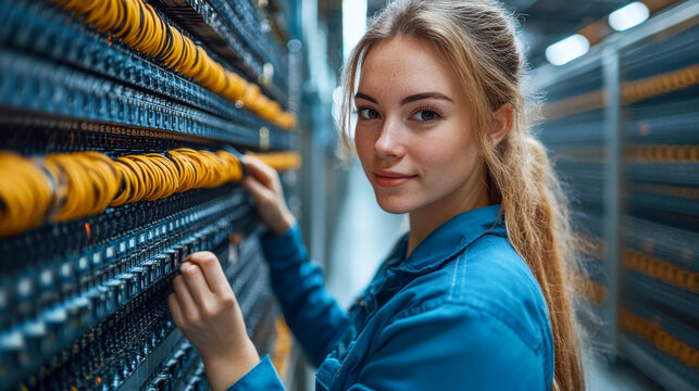 Smiling female technician adjusting network cables in a data center, surrounded by wiring and technology