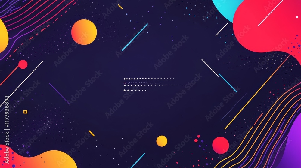 Poster a vibrant abstract background with colorful shapes and lines on a dark backdrop.