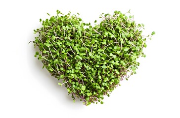 Obraz premium Fresh microgreens arranged in a heart shape on a plain background showcasing love for healthy eating