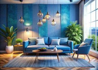 A modern blue living room bathed in bokeh light, featuring a textured rug and abundant natural light.