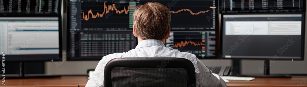 Poster a focused individual analyzes financial data on multiple screens, showcasing a tech-driven trading e