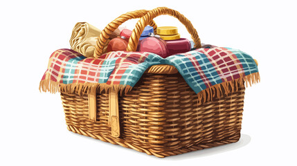 Obraz premium Wicker Picnic Basket with Blanket Filled with Various Products for Outdoor Dining and Relaxation