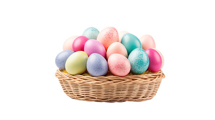 Pastel Easter Eggs in a Wicker Basket isolated on transparent background