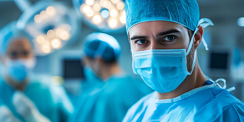 Surgeon wearing a face mask in a brightly lit operating room, Healthcare professional preparing for surgery

