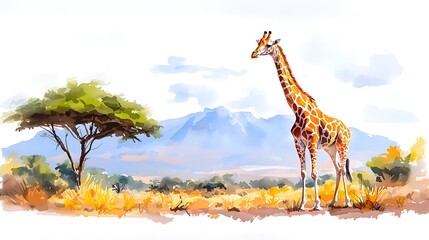 Watercolor painting of a giraffe in African savanna landscape with mountains.