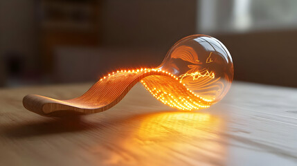 Obraz premium Illuminated glass bulb on wooden stand, glowing filaments, home interior, light design, website banner