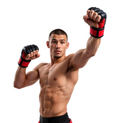 Fototapeta premium A muscular fighter with fingerless combat gloves posing with hands up, isolated