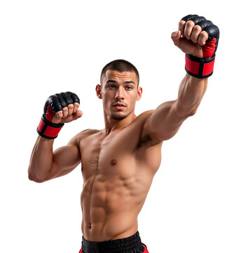 A muscular fighter with fingerless combat gloves posing with hands up, isolated