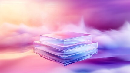 A stepped 3D podium in a square shape, made of frosted glass, reflecting soft pink and purple hues