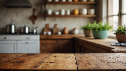 Easter. Blurred kitchen and wooden tabletop with space for display your product 