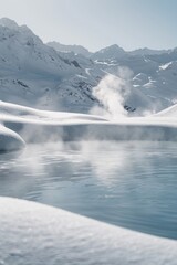 Steam rises from the hot spring, creating a calming ambiance against the backdrop of snow-covered mountain peaks