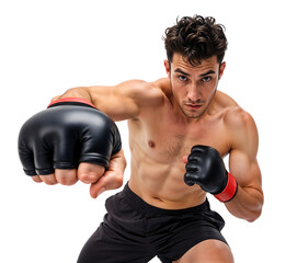Pro combat fighter in punching pose close forward towards the camera