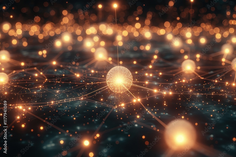 Poster glowing threads unite luminous spheres in a vast cosmic expanse, creating a contemplative and ethere
