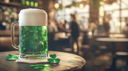 Mug of green beer and clover leaves on wooden bar on blurred pub background. St. Patrick's Day celebration concept. Generated AI