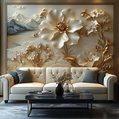Luxury Living Room Highlighting Golden Floral Wall Decor Photo