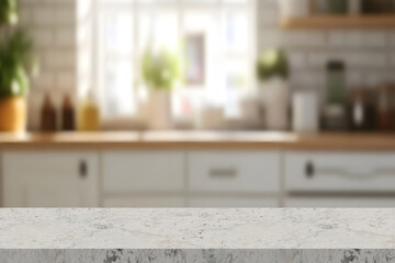 Marble stone table top (kitchen island) on blur kitchen interior background - can be used for display or montage you products