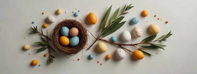  Flat lay easter composition with a willow branch and eggs on a white background