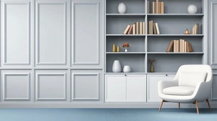 Elegant white armchair in a gray room with bookshelves and wainscoting