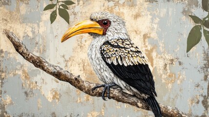 Southern Yellow-billed Hornbill on Weathered Branch
