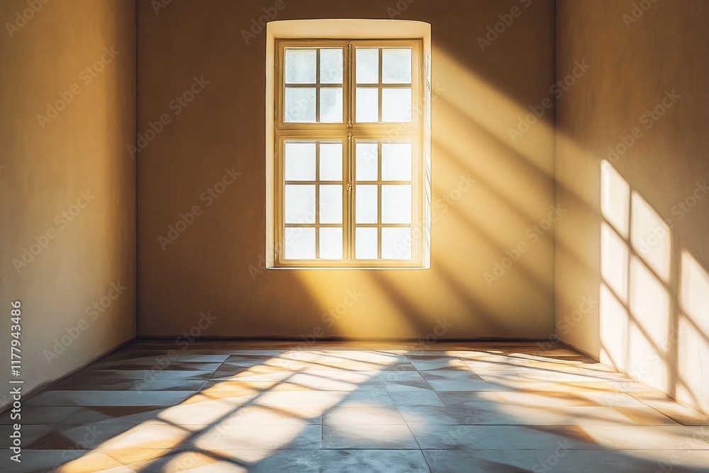 Poster sunlight pours through a window, casting calming geometric shadows on the floor of an empty room wit