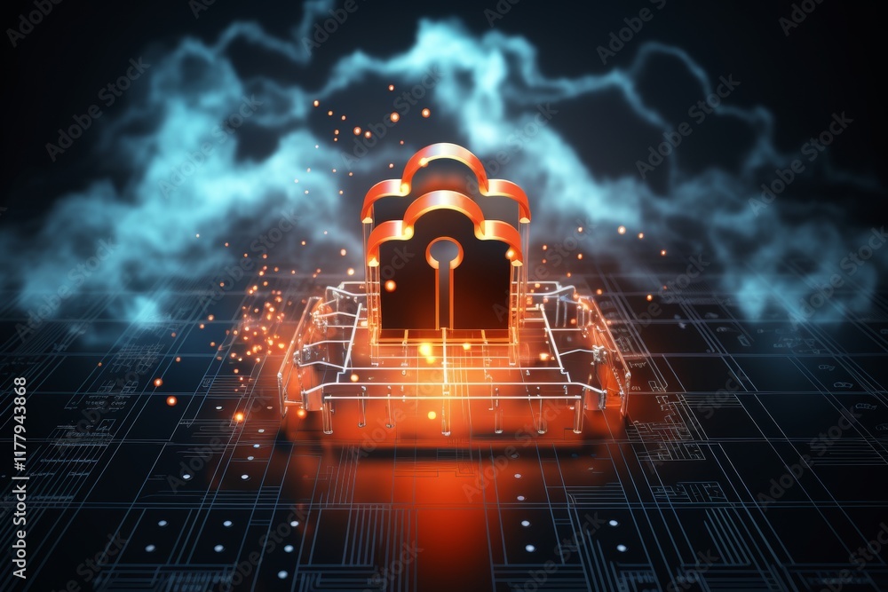Poster futuristic digital illustration of cloud security with padlock icon and glowing circuit patterns