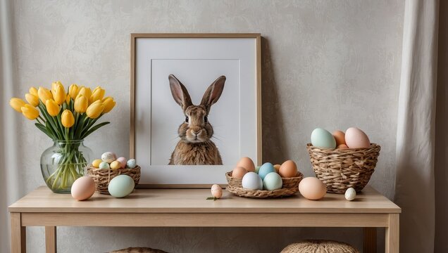 Spring composition of easter living room interior with mock-up poster frame, modern sideboard, coffee table easter cake, eggs