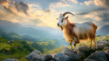 Obraz premium Goat Climbing Rocky Terrain with Coarse Hair and Unique Markings in Lush Green Hills