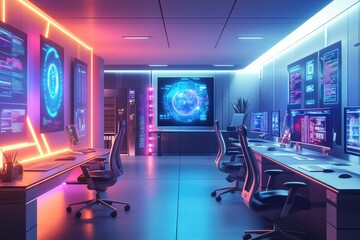The modern office boasts tech, holographic screens, and a minimalistic design with neon lighting