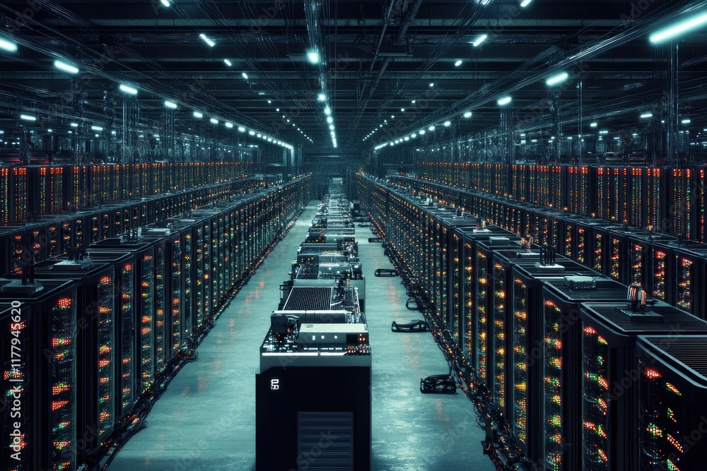 Poster a large data center with rows of servers, blinking lights, and advanced cooling systems showcasing m