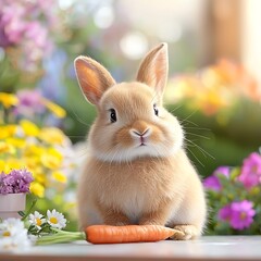 Adorable orange bunny rabbit sitting amidst colorful spring flowers and a carrot.