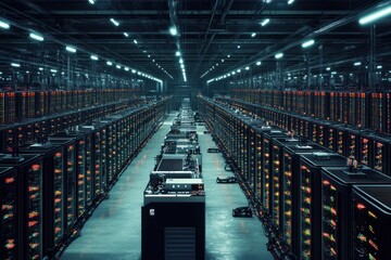 A large data center with rows of servers, blinking lights, and advanced cooling systems showcasing modern tech