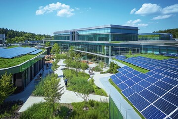 A vibrant hub featuring solar panels, green rooftops, and energy-efficient buildings emphasizes sustainable technology