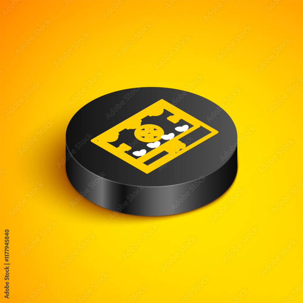 Poster isometric line smart farming technology - farm automation system icon isolated on yellow background.