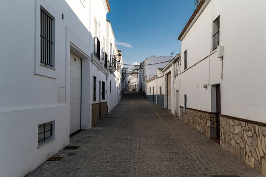 Narrow cobblestone alleyway lined with whitewashed buildings