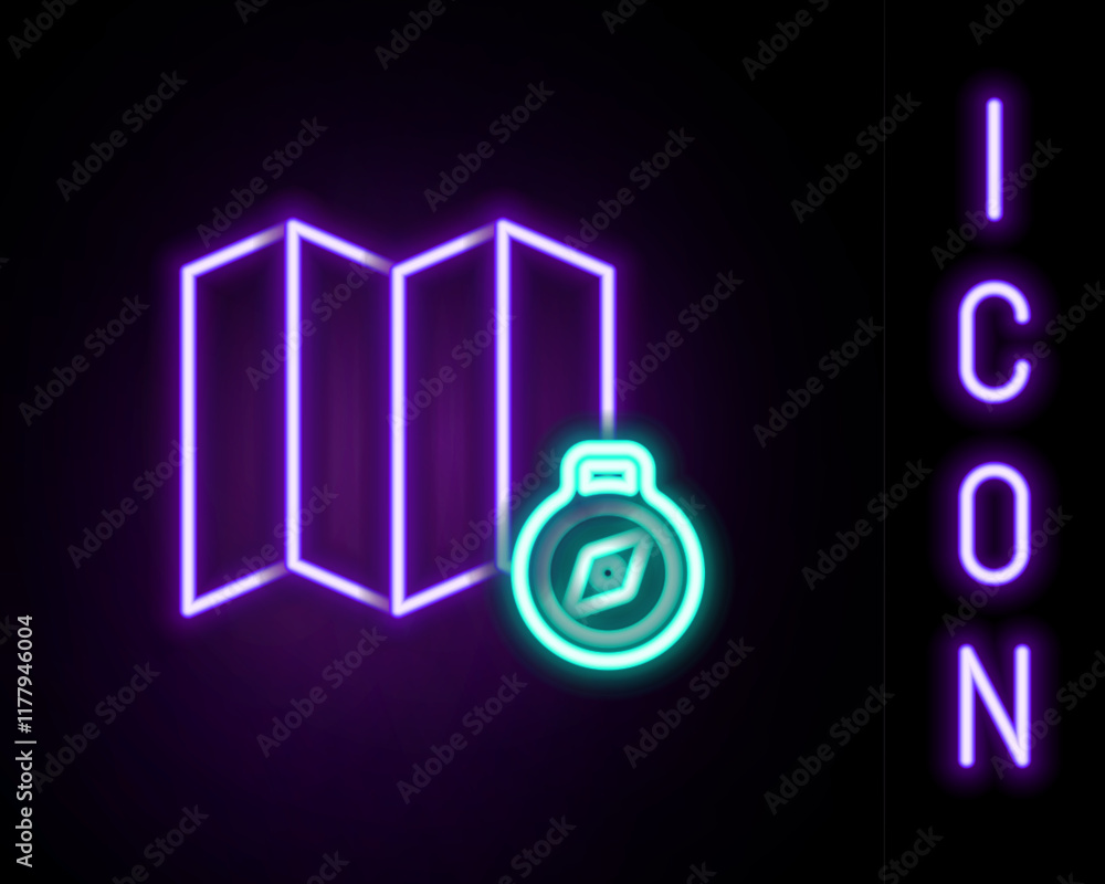 Poster glowing neon line location of the forest on a map icon isolated on black background. colorful outlin