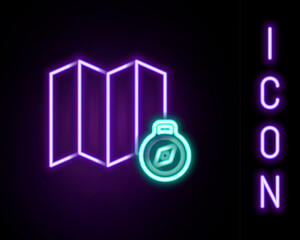 Glowing neon line Location of the forest on a map icon isolated on black background. Colorful outline concept. Vector