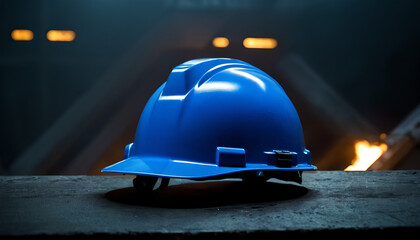 blue hard hat inside a building