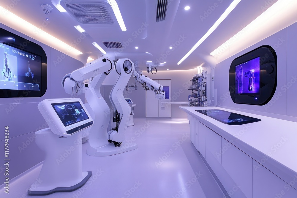 Poster this high-tech lab boasts sleek design, advanced robotics, and lit interactive displays for innovati