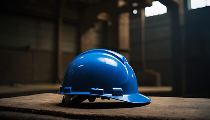 blue hard hat inside a building