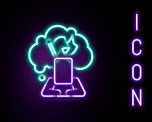 Glowing neon line Man holding flag icon isolated on black background. Victory, winning and conquer adversity concept. Colorful outline concept. Vector
