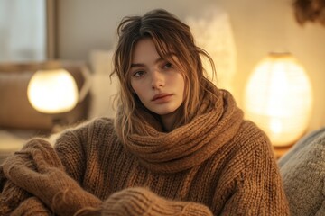 Model showcases a contemporary Scandinavian-inspired outfit with earthy tones, surrounded by soft lighting and comfort