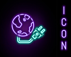 Glowing neon line Global energy power planet with plug icon isolated on black background. Ecology concept and environmental. Colorful outline concept. Vector
