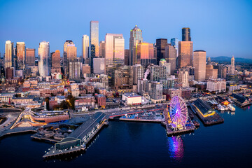 Seattle Waterfront Skyline Illuminated at Sunset