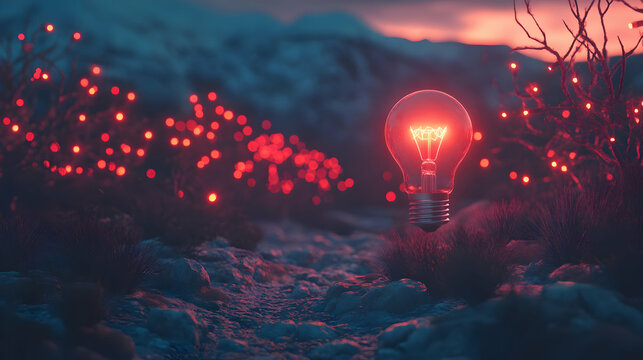 Glowing lightbulb in red alien landscape; sunset background; idea concept; website banner