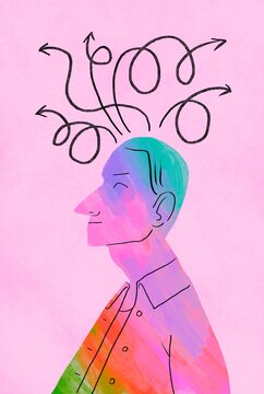 Colorful person with arrows around his head