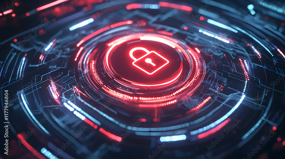 Poster abstract background featuring a glowing shield with a padlock symbol, representing cybersecurity and