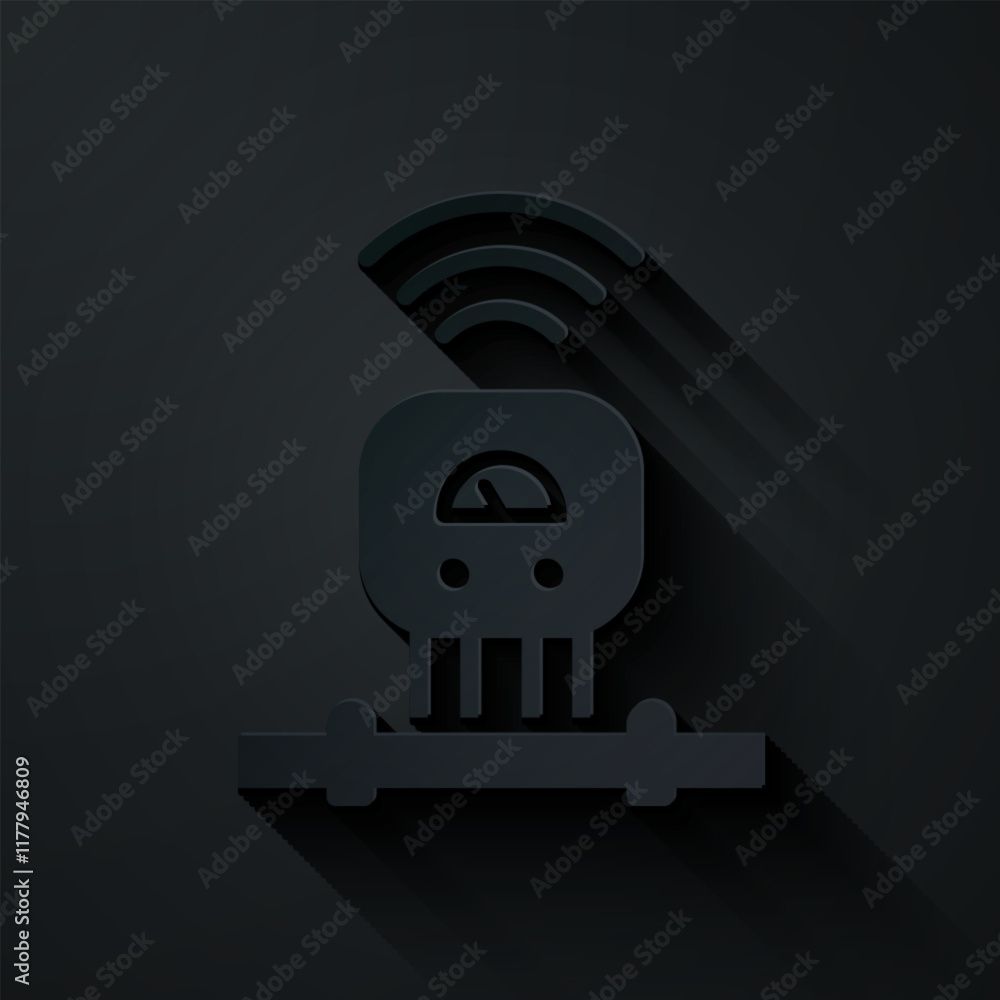Poster paper cut smart sensor system icon isolated on black background. internet of things concept with wir