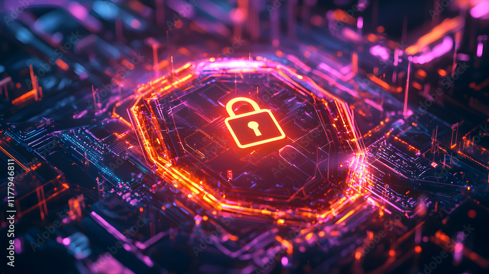 Poster abstract background featuring a glowing shield symbolizing security and protection, surrounded by vi