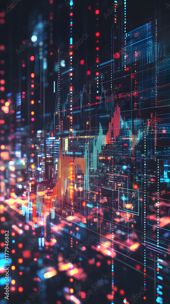 Poster abstract background featuring colorful financial data visualization with vibrant bars, graphs, and g