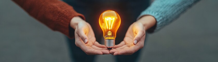 Two hands gently holding a glowing light bulb, symbolizing creativity, innovation, and the sharing of ideas.
